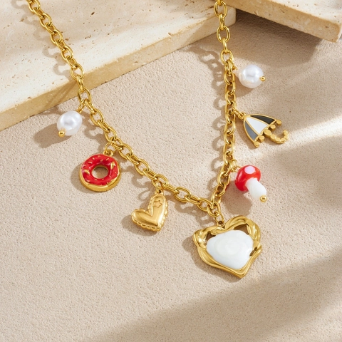 Collar De Dijes De Acero Inoxidable Chapado En Oro Esmalte Champiñón Corazón Rosquilla Paraguas Imitación Perla Artificial Joyería Chic Mujer