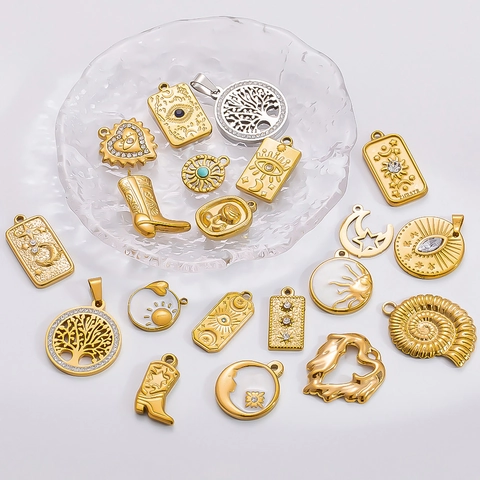 Vintage Stainless Steel Pendants 18K Gold Plated Evil Eye Celestial Sun Moon Tree Of Life Cowboy Boots Waterproof Charms