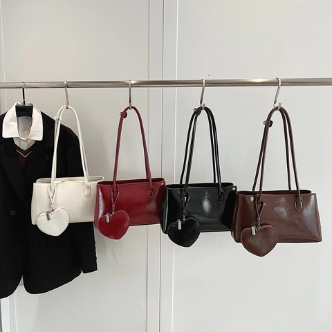 Women Glossy PU Leather Shoulder Bag Retro Underarm Handbag With Detachable Heart Pendant Coin Purse