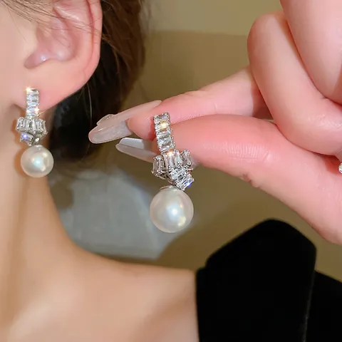 Elegant Knot Artificial Pearl Drop Earrings With Zircon Inlay Geometric Copper Jewelry For Women With Silver Earring Post