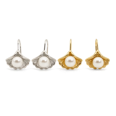Elegant Gingko Leaf Drop Earrings 316 Stainless Steel With Round Artificial Pearl PVD Gold Plated Fashion Jewelry For Women