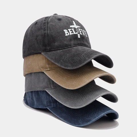 Believe Letter Embroidery Washed Cotton Baseball Cap Vintage Distressed Curved Brim Adjustable Sun Hat For Men Women