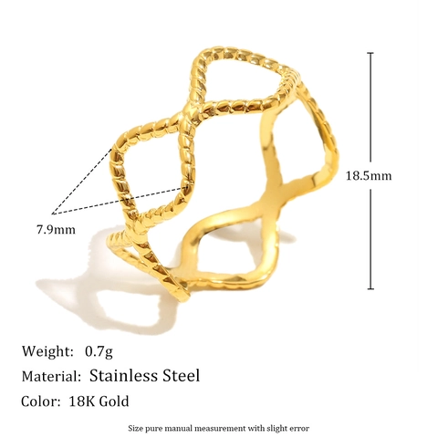 Rhombus Hollow Wave Open Ring 18K Gold Plated Stainless Steel Retro Geometric Minimalist For Women
