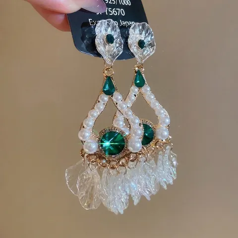 Orecchini Vintage Con Strass Verde Smeraldo Künstliche Perle Sintetiche Petali Iridescenti E Perno In Argento Sterling 925