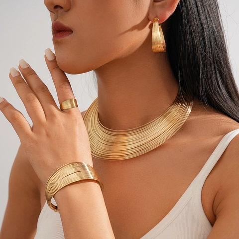 Alloy Multi Layer Geometric Circle Choker Necklace And Earrings And Bracelet And Ring Statement Fashion For Women