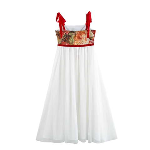 Damen Maxi Kleid Mit Floralem Jacquard Und Netzflicken Mit Samtschleifen Trägern Retro Hofstil Elegant