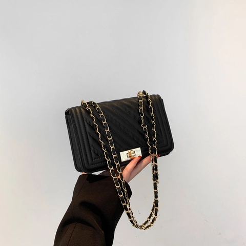 Quilted Shoulder Bag PU Leather V Chevron Pattern Chain Strap Metal Lock Elegant Minimalist Crossbody Bag For Women