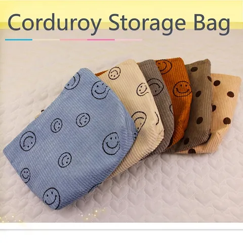 Corduroy Cosmetische Tas Bedrukte Smiley Face Polka Dot Reis Draagbare Make Up Organizer Waszak Voor Vrouwen