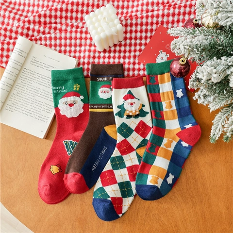 Calze Di Natale Donna Cotone Maglia Cartone Babbo Natale Albero Modello Carino Festivo Metà Polpaccio Regali