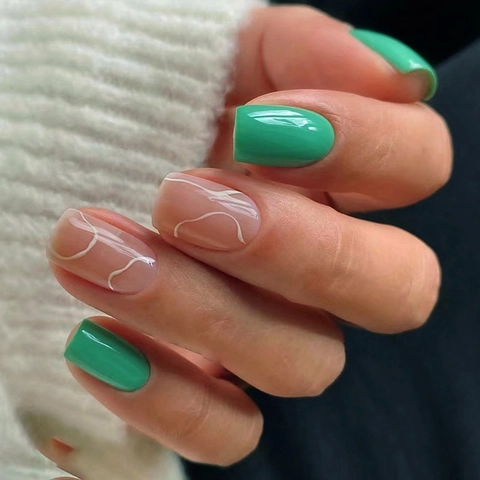 Green Wavy Press On Nails White Abstract Line European Square Artificial Fingernails For Women Elegant Sweet Manicure Tool