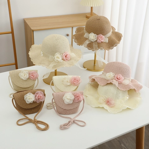 Sweet Kids Girls Paper Straw Hat And Shoulder Bag Floral Decoration Scalloped Edge Sun Protection Summer Beach Woven Hat