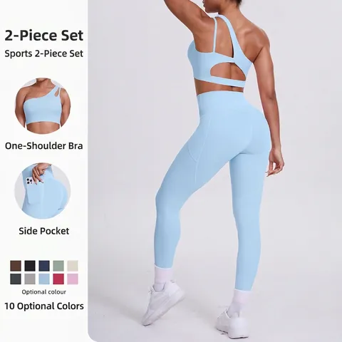 Ein Schulter Sport BH Und High Waist Leggings Mit Taschen Schnelltrocknend Nylon Laufen Fitness Yoga Outfit