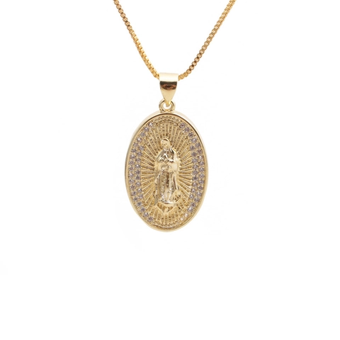 Virgin Mary Guadalupe Religious Pendant Necklace Copper Gold Plated Colorful Zircon Box Chain Jewelry