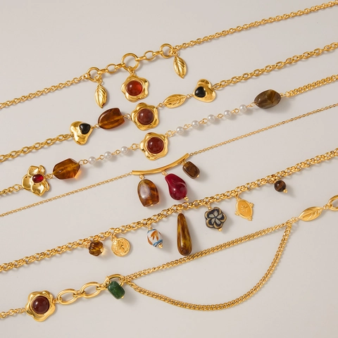 Vintage Stainless Steel Pendant Necklace Resin Artificial Pearl Rhinestone Multi-layer Sweater Chain For Women Boho Jewelry