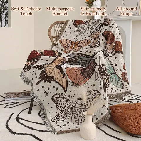 Butterfly Pattern Woven Throw Blanket Cotton Jacquard Bohemian Decorative Tapestry With Tassels For Sofa Bed Picnic