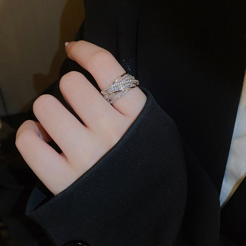 Mehrlagiger Kreuz Verstellbarer Ring Kupfer Zirkonia Eleganter Geometrischer Modeschmuck Für Damen