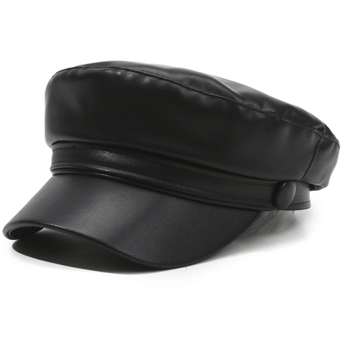 Vintage PU Leather Beret Hat For Women Flat Top Navy Cap With Metal Chain Anchor Star Decoration Adjustable Newsboy Hat