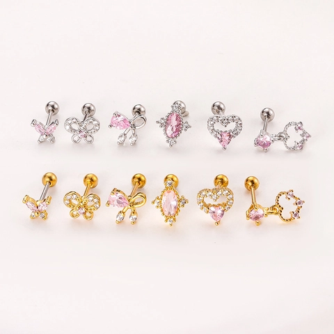 Heart Butterfly Pink Zircon Ear Bone Studs Cartilage Piercing Jewelry With Stainless Steel Post Copper Screw Back