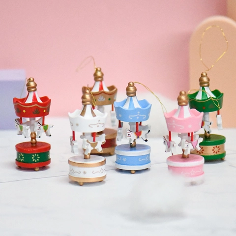 Christmas Mini Carousel Wooden Ornament Hand Painted Holiday Festive Tree Hanging Decoration Desktop Home Decor Craft