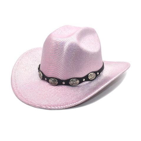Chapeau De Cow-Boy Métallique Brillant Paillettes Large Bord Western Jazz Pour Femmes Fête Avec Bande De Conchos
