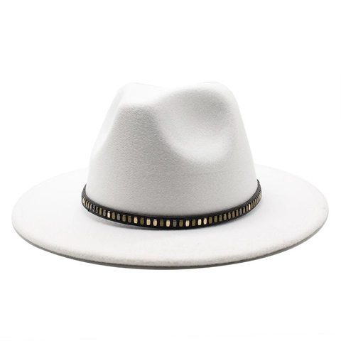 Vintage Wide Brim Fedora Hat Woolen Felt Metal Studded Band Flat Brim Jazz Hat For Men Women
