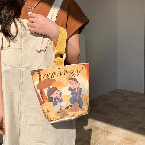 Canvas Bucket Handbag With Wood Ring Handle Cartoon Print Kawaii Japanese Simple Casual Tote Bag For Women