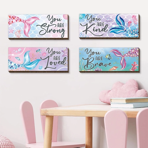 Meerjungfrau Schwanz Holz Wanddeko Inspirierende Zitate Aquarell Ozean Thema Kinderzimmer Mädchen Wandbilder