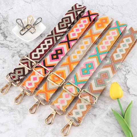 Adjustable Replacement Bag Strap Wide Geometric Ethnic Bohemian Pattern Polyester With Metal Lobster Clasp For Crossbody