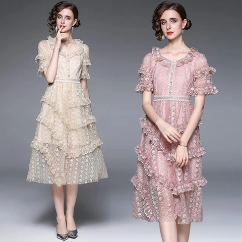 Robe Longue Brodée En Dentelle À Volants Taille Haute Mesh Manches Courtes Style Français Élégant Pour Femmes