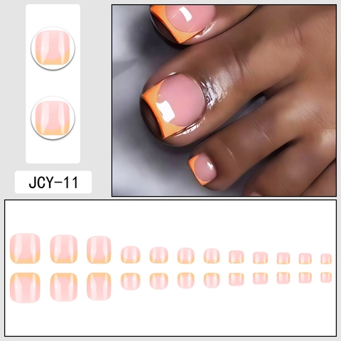 Unghie Finte Per Piedi French Arancione Giallo Quadrato Lucido Base Rosa Manicure DIY Per Donne