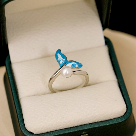 Anello in Rame con Perla d'Acqua Dolce per Donna Dolce Smalto Sirena Coda di Pesce Anello Aperto Regolabile Gioielli Eleganti