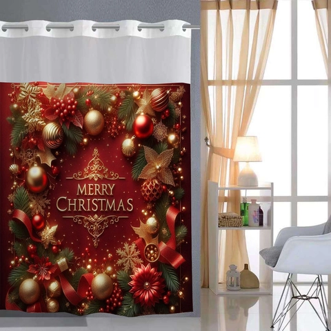 Weihnachts Duschvorhang Wasserdicht Polyester Doppellagig Hakenlos Abnehmbarer Liner Netzfenster Frohe Weihnachten Baddekoration