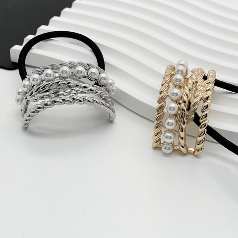 Hair Ties Alloy Faux Artificial Pearl Twisted Metal Design Elastic Ponytail Holder Elegant Minimalist Fashion Headwear