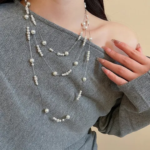 Mehrlagige Lange Künstliche Perlenkette Elegante Strass Legierung Pulloverkette Retro Stil Für Damen