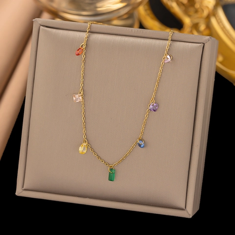 Collana Con Pendente In Zircone Colorato Minimalista In Acciaio Inossidabile Catena A O Arcobaleno Gioielli Di Lusso Donne