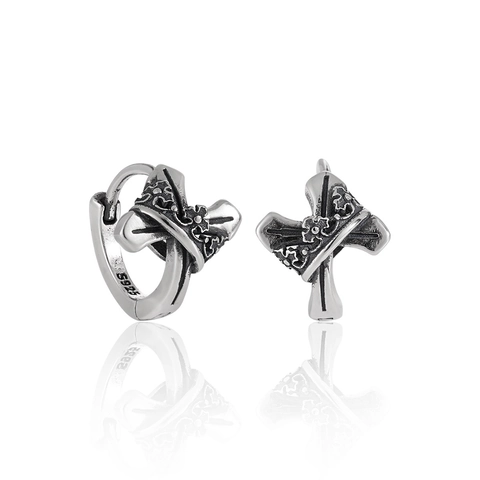 Orecchini A Cerchio Con Croce E Corona Gotica Argento Sterling 925 Vintage Ossidato Stile Punk Per Donna