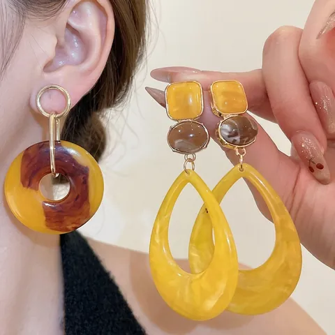 Geometric Teardrop Resin Dangle Earrings With Silver Earring Post Vintage Marble Tortoiseshell Round Hollow For Women
