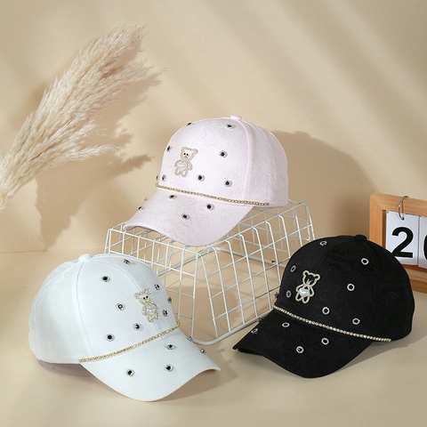 Berretto Da Baseball Donna Tessuto Jacquard Orso Perla Artificial Catena Strass Cappello Sole Moda