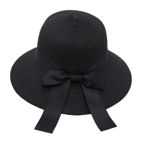 French Elegant Women Girls Straw Sun Hat With Large Black Ribbon Bow Wide Brim Breathable Summer Beach Vacation Accessory