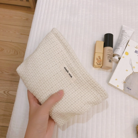 Neceser De Lona Tejida Con Textura De Gofre Bolsa De Almacenamiento Con Cremallera Organizador De Maquillaje