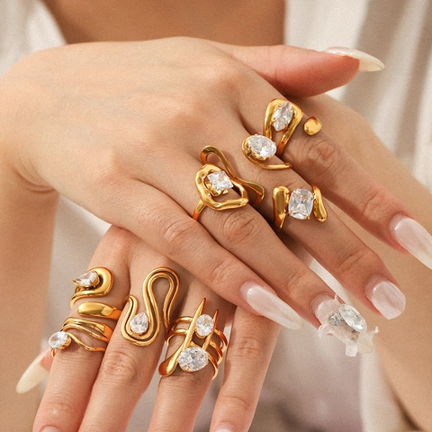 Geometrischer Zirkon Ring Edelstahl 18K Vergoldet Verstellbar Offen Finger Schmuck Für Frauen Modern Abstrakt Minimalistisch