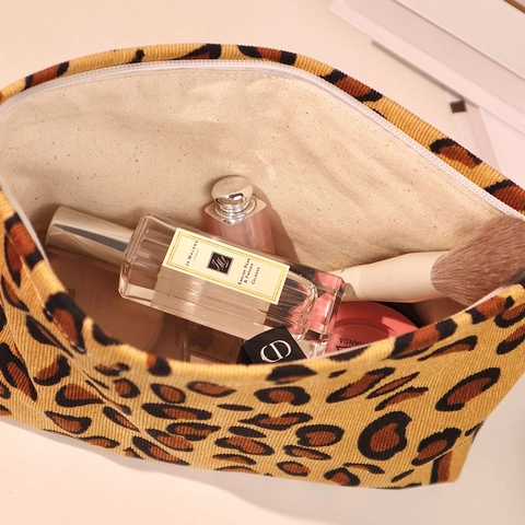 Borsa Per Trucco In Velluto A Coste Con Stampa Leopardata Grande Capacità Custodia Per Cosmetici Da Viaggio Con Cerniera Pochette Retro Per Donne