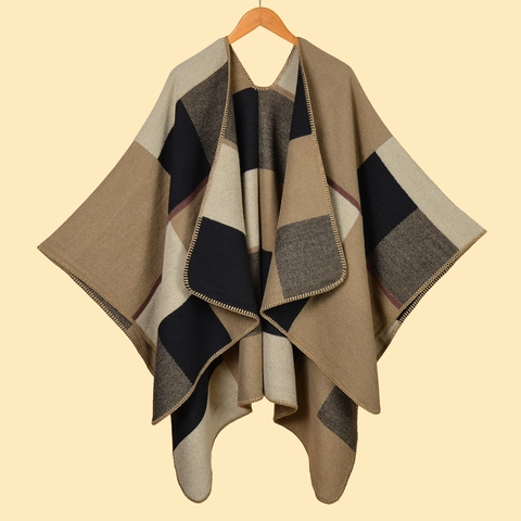 Poncho Capa de Cuadros para Mujer con Bloques de Color Cálido Chal de Punto Grueso Cárdigan Abierto para Moda de Otoño Invierno