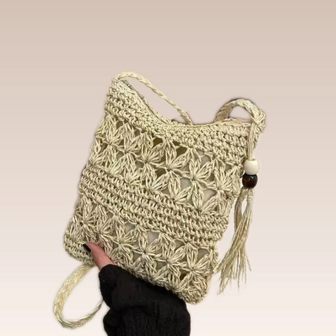 Handgefertigte Stroh Umhängetasche Blumenmuster Quaste Holzperlen Bohemian Sommer Strand Schultertasche Für Damen