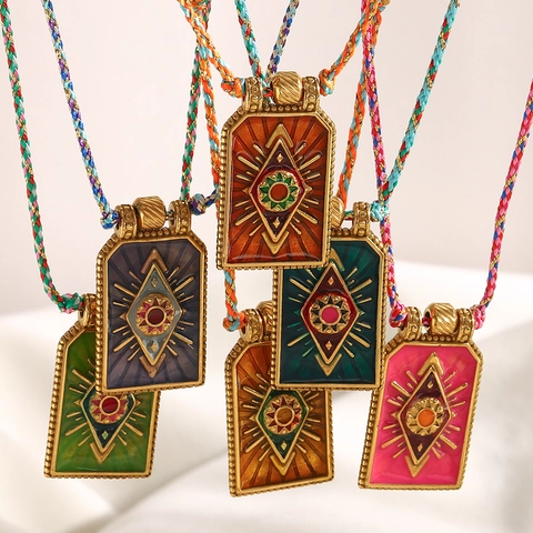 Tarot Card Evil Eye Pendant Necklace Stainless Steel 18K Gold Plated Enamel Colorful Woven Rope Ethnic Style Women