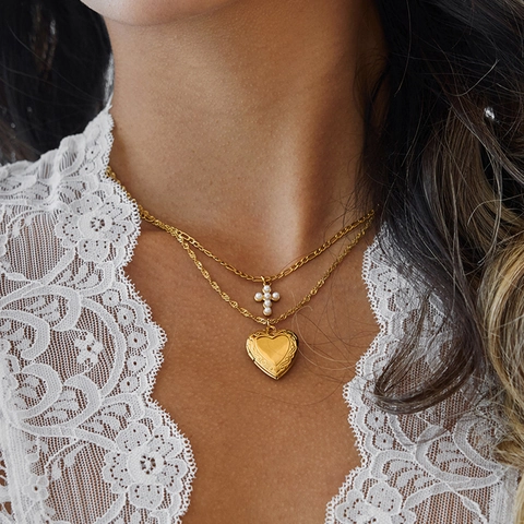 Collana In Acciaio Inossidabile Per Donna Placcata Oro Croce Perla Artificial Cuore Ciondolo Elegante Gioielli Alla Moda Impermeabile