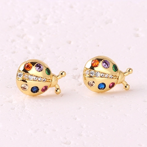 Lieveheersbeestje Oorknopjes Messing Verguld Kleurrijke Zirkonia Insect Mode Sieraden Voor Vrouwen