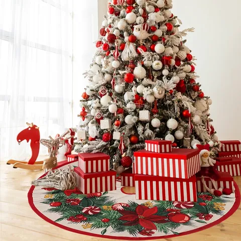 Jupe De Sapin De Noël Polyester Ronde Motif Floral Poinsettia Avec Bordure À Carreaux Pour Décorations De Fête