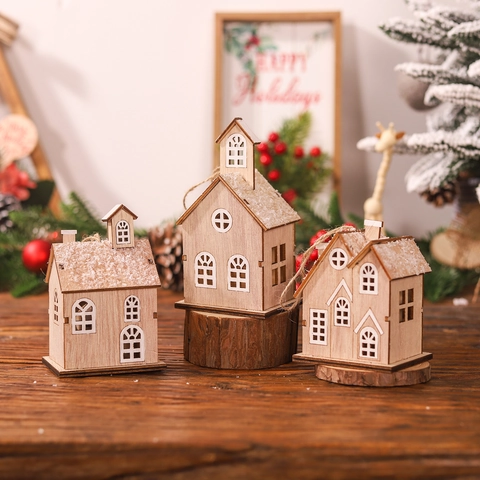 Casa de Madera de Navidad Ornamento Luminoso LED Cabaña Rústica Con Efecto de Nieve Decoración Colgante para Decoración de Fiesta en el Hogar