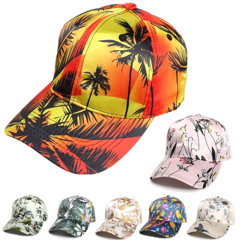 Tropical Print Baseball Cap Satin Polyester Sun Protection Adjustable Outdoor Vacation Peak Hat Floral Palm Tree